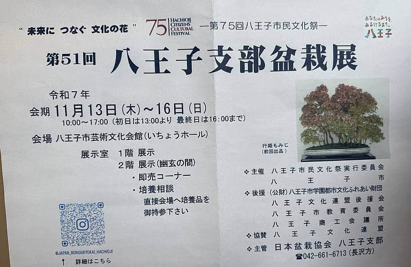 2025年11月13日(木)から16日(日)まで、八王子市芸術文化会館(いちょうホール)にて「第51回 八王子支部盆栽展」が開催