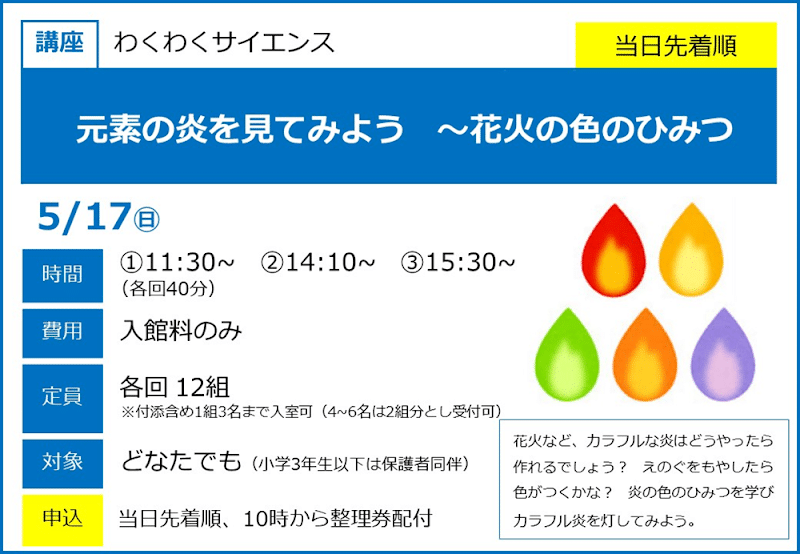 元素の炎を見てみよう ~花火の色のひみつが5/17にこども科学館で開催!炎のひみつを学ぶ実験_800