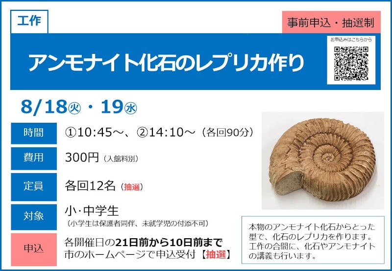 アンモナイト化石のレプリカ作りが8/18・19にこども科学館で開催！小中学生対象の工作教室_800