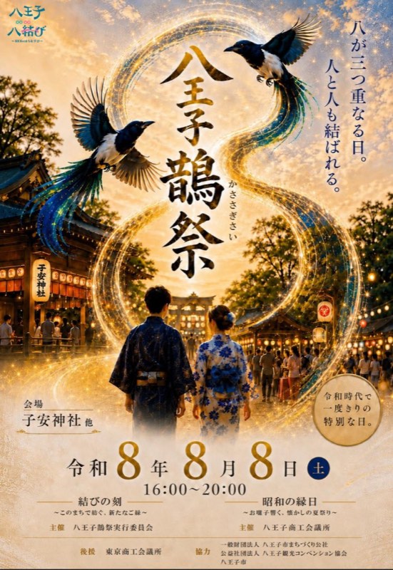 八王子鵲祭のポスター。「八が三つ重なる日。人と人も結ばれる。」のキャッチコピーとともに、夕暮れの子安神社を背景に浴衣姿の男女と2羽の鵲(カササギ)が描かれ、令和8年8月8日(土)16:00~20:00開催と記載されている