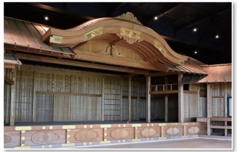 室内に設けられた総ヒノキ造りの舞台。中央に金色の飾りが付いた唐破風屋根、手前に彫刻入りの欄間、上部にはスポットライトが並ぶ