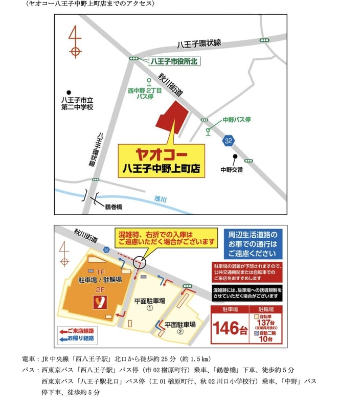 ヤオコー八王子中野上町店のアクセス図。秋川街道と八王子環状線の交差付近に店舗位置があり、1階駐車場・2階売り場、右折入庫を控える案内、西中野2丁目と中野のバス停が示されている