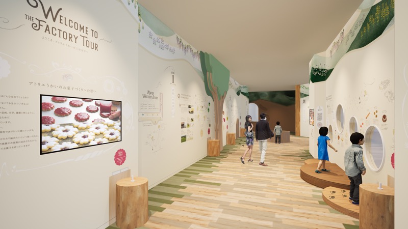 WELCOME TO THE FACTORY TOURとようこそアトリエうかいの工場見学へと書かれた見学通路の完成予想図。左に工程マップとモニター、右に円いのぞき窓と子ども用の段差がある