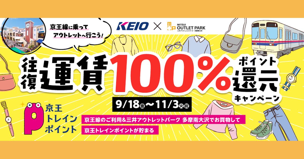 黄色い背景に往復運賃100%ポイント還元キャンペーンの見出し、9/18から11/3の期間、KEIOと三井アウトレットパーク多摩南大沢のロゴと京王線のイラスト