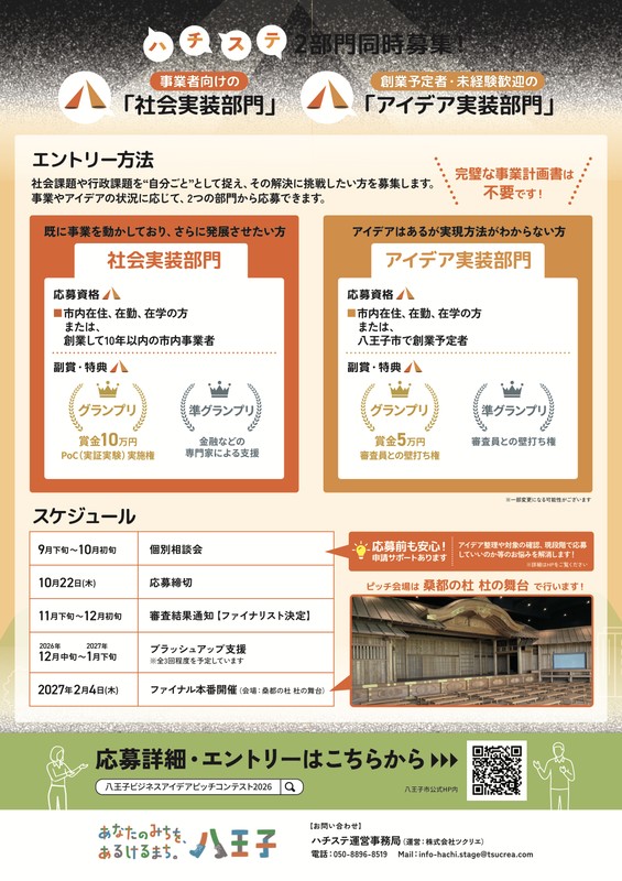 公式チラシ裏面。社会実装部門とアイデア実装部門の対象と賞金、9月下旬からの個別相談、10月22日締切、12月のファイナリスト決定、2月4日の本審査、桑都の杜杜の舞台の写真と事務局電話050-8896-8519が記載されている