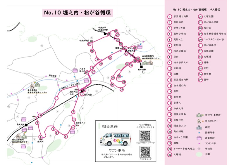 はちバスNo.10堀之内・松が谷循環の桃色の路線図。京王堀之内駅、別所小学校、中央大学、明星大学、松が谷をワゴン車両の注記とともに示している