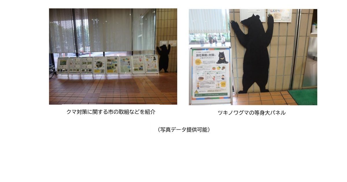 市役所ロビーに並ぶクマ対策の展示パネルと、黒い等身大のツキノワグマ模型