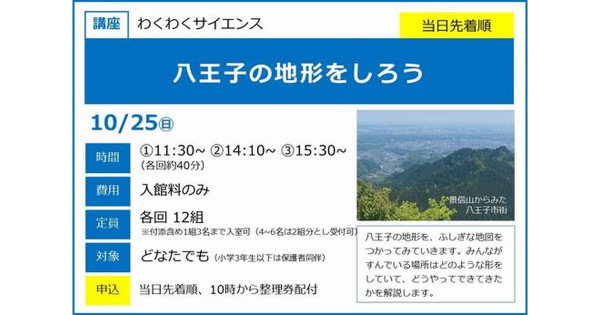 青と白の案内。大きな見出し八王子の地形をしろう、10月25日日曜日。右に景徳山からみた八王子市街の写真