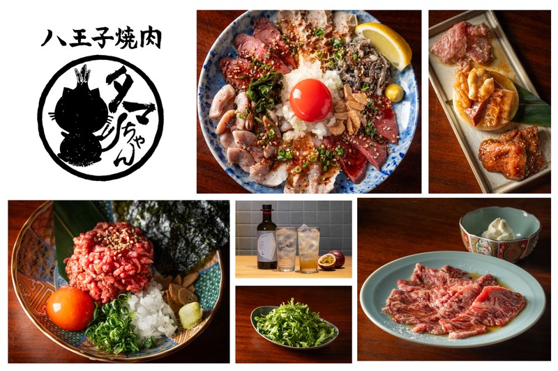 左上に八王子焼肉と猫のシルエットの丸ロゴ。右上に青皿のホルモン刺し盛りと長皿の肉盛り。左下にユッケ風の赤身と卵黄、中央下に青菜の小皿とハイボール、右下に薄切り和牛と白いホイップ