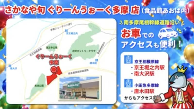 さかなや旬ぐりーんうぉーく多摩店(食品館あおば内)の案内図。南多摩尾根幹線沿い、京王堀之内駅・南大沢駅、小田急唐木田駅からのアクセスと、赤い店舗マーク、食品館あおばの外観写真、王冠の魚キャラクター