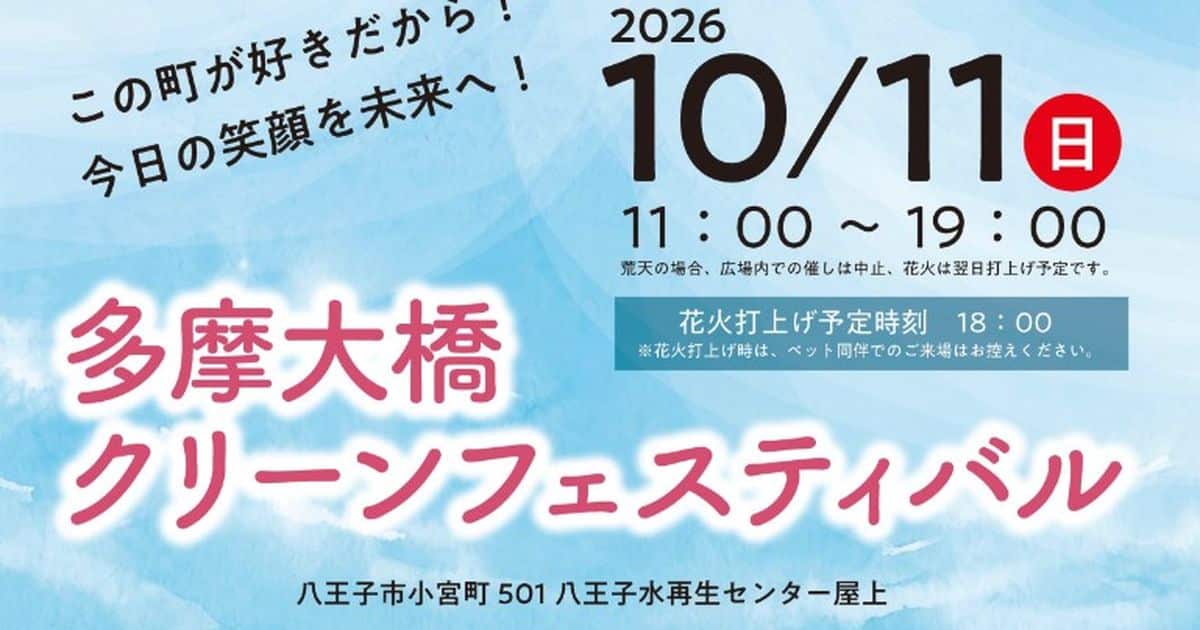 水色の空の下に赤いアーチの多摩大橋と10月11日開催の見出しがある多摩大橋クリーンフェスティバルの告知