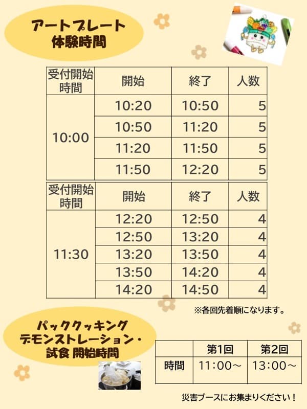 体験時間割。上段はアートプレートで10時受付の4枠は各5名、11時30分受付の5枠は各4名、各回先着順。下段はパッククッキングの第1回11時から、第2回13時から、災害ブースへ集まる案内