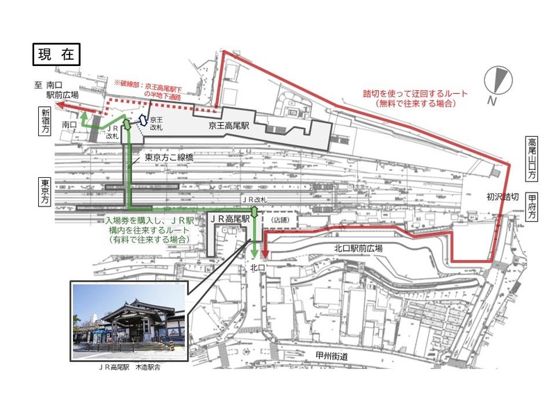 高尾駅周辺の現在の平面図。中央に京王高尾駅とJR高尾駅があり、緑の線で入場券を購入してJR駅構内の東京方こ線橋を通る有料のルート、赤の線で初沢踏切を使って迂回する無料のルートが示されている。左下にJR高尾駅の木造駅舎の写真がある