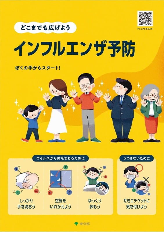 黄色い東京都のインフルエンザ予防ポスター。どこまでも広げようインフルエンザ予防、ぼくの手からスタートの見出しの下に、手を上げた子ども、女性、眼鏡の男性、高齢女性のイラスト。下部にしっかり手を洗おう、空気をいれかえよう、ゆっくり休もう、せきエチケットに気を付けようの4コマ