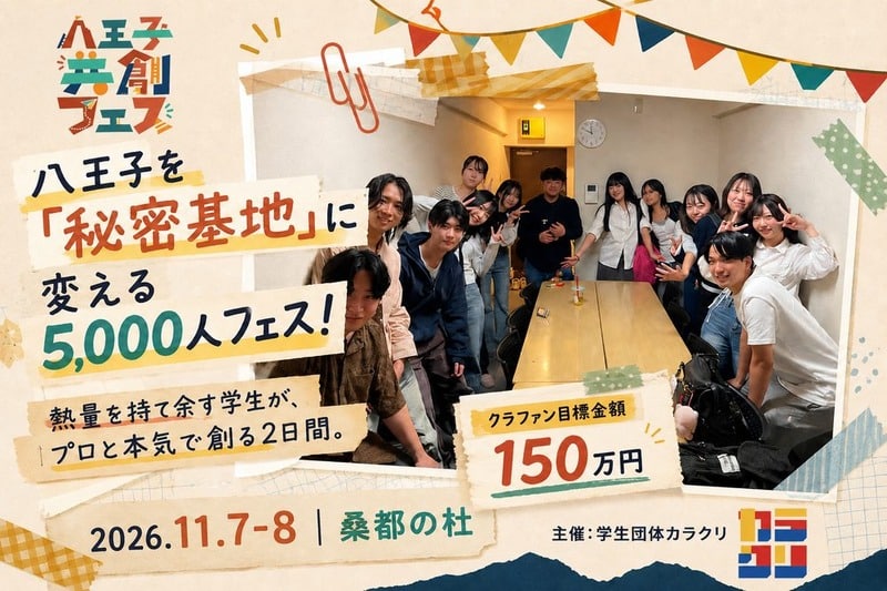 白い会議室で長机を囲む学生たちの集合写真と、八王子を秘密基地に変える5000人フェス、クラファン目標150万円、2026年11月7日・8日桑都の杜、主催学生団体カラクリと書かれた告知