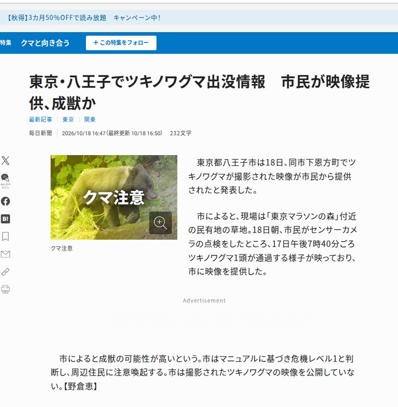 毎日新聞の記事「東京・八王子でツキノワグマ出没情報 市民が映像提供、成獣か」。下恩方町の草地でセンサーカメラに1頭が映り、八王子市が危機レベル1と判断し映像は非公開だと書かれている